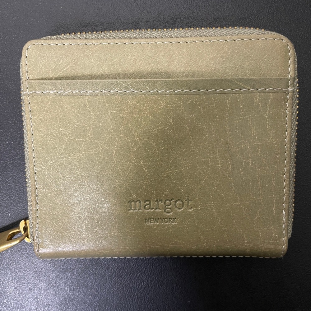 Margot New York Wallet OS Sage Green Leather Zip Around Wristlet Distressed